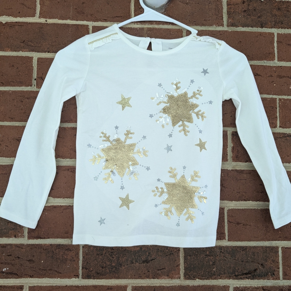 Carter's White Long Sleeve with Gold and Silver Snowflakes